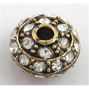 alloy bead with rhinestone, rondelle, antique gold, 12mm dia, 2.5mm hole [FDSTY1367]