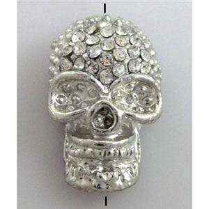 Skull charm, bracelet spacer, alloy bead with rhinestone, platinum plated, 15x24mm [FDSTY1370]