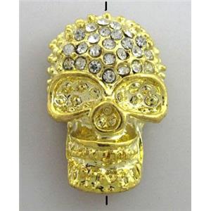Skull charm, bracelet spacer, alloy bead with rhinestone, gold plated, 15x24mm [FDSTY1370C02]