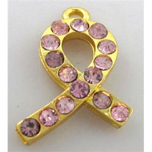 cancer awareness ribbon, alloy pendant with rhinestone, gold plated, approx 12x26mm [FDSTY1371C02]