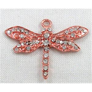 alloy pendant with rhinestone, red copper plated, dragonfly, 32x25mm [FDSTY1379]