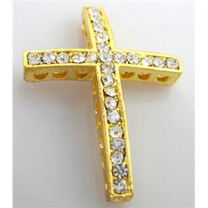 bracelet spacer, alloy cross with rhinestone, golden, 25x35mm [FDSTY138]