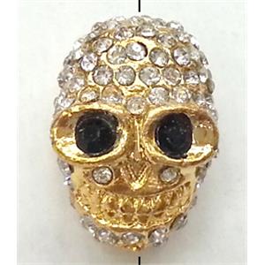 Skull charm, bracelet spacer, alloy bead with rhinestone, gold, 12x16mm, 1.8mm hole [FDSTY1395]