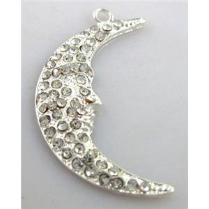 alloy pendant with rhinestone, moon, silver plated, 22x40mm [FDSTY1398]