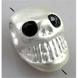 skull charm for bracelet, alloy bead with rhinestone, duck-silver, 10.5x15.5mm, 2mm hole [FDSTY1416]
