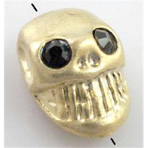 skull charm for bracelet, alloy bead with rhinestone, duck gold, 10.5x15.5mm, 2mm hole [FDSTY1417]