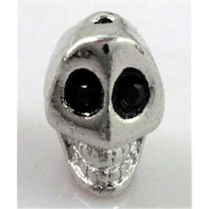 skull charm for bracelet, alloy bead with rhinestone, platinum plated, 9x12x9.5mm, 1.8mm hole [FDSTY1418]