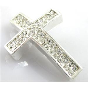 bracelet spacer, alloy cross with rhinestone, silver plated, 26x40mm, 3mm hole [FDSTY142]