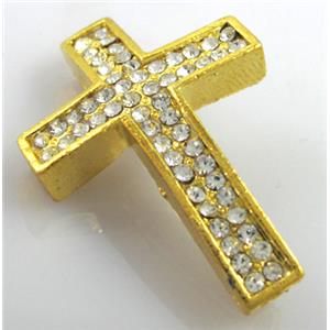 bracelet spacer, alloy cross with rhinestone, golden, 26x40mm, 3mm hole [FDSTY143]