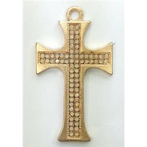 alloy cross pendant with CZ Rhinestone, duck-gold, 30x50mm [FDSTY1431]