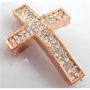 bracelet spacer, alloy cross with rhinestone, red copper plated, 26x40mm, 3mm hole [FDSTY144]