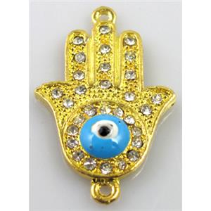 Hamsahand, evil-eye bracelet bar, alloy connector with rhinestone, golden, 22x35mm [FDSTY146]