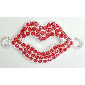 Bracelet bar, lip charm, alloy connector with rhinestone, silver, 38x20mm [FDSTY1464]