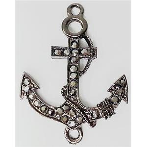 anchor charm, Bracelet bar, alloy connector with rhinestone, black, 38x20mm [FDSTY1466]
