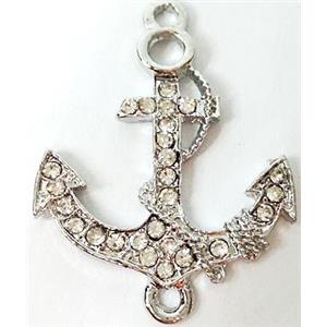 anchor charm, Bracelet bar, alloy connector with rhinestone, platinum plated, 38x20mm [FDSTY1467]
