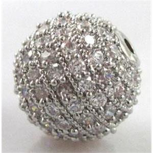 copper beads with zircon, platinum plated, round, 8mm dia, 2mm hole [FDSTY1469-8MM]