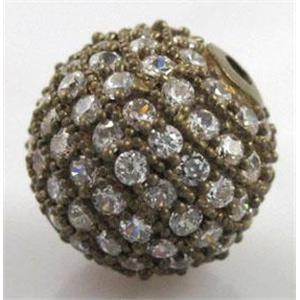 round copper beads with zircon, brass, 10mm dia, 2mm hole [FDSTY1473-10MM]