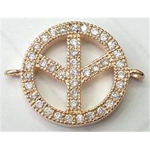 bracelet bar, connector, peace sign with zircon, light-gold plated, 16mm dia [FDSTY1474]