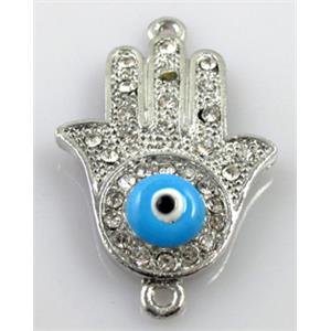 Hamsahand evil-eye bracelet bar, alloy connector with rhinestone, platinum plate, 22x35mm [FDSTY149]
