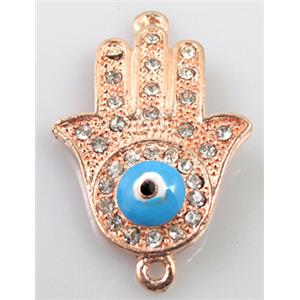 Hamsahand, evil-eye bracelet bar, alloy connector with rhinestone, red copper pl, 22x35mm [FDSTY150]