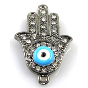Hamsahand evil-eye bracelet bar, alloy connector with rhinestone, plumbum black, 22x35mm [FDSTY151]