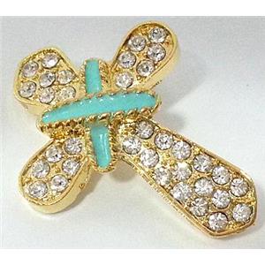 bracelet bar, aurora borealis cross, alloy bead with rhinestone, gold, 26x35mm [FDSTY1567]
