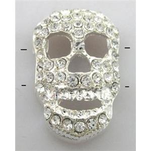 Bracelet bar, alloy bead with rhinestone, skull, silver plated, 13x20mm [FDSTY1590]