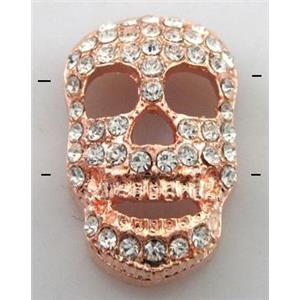 Bracelet bar, alloy bead with rhinestone, skull, red copper, 13x20mm [FDSTY1593]