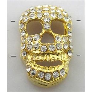 Bracelet bar, alloy bead with rhinestone, skull, gold, 13x20mm [FDSTY1594]