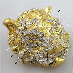 Bracelet bar, alloy bead with rhinestone, tiger head, gold, 25x25mm [FDSTY1595]