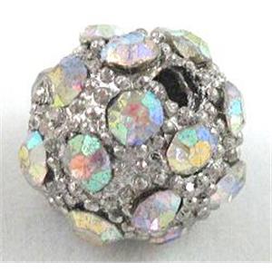Alloy bead with rhinestone, round, 10mm dia, 2mm hole [FDSTY1627-10MM]