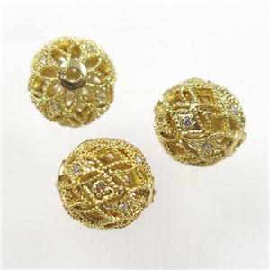round copper beads pave zircon, gold, 10mm dia [FDSTY1685]