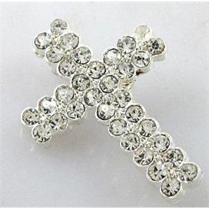 bracelet bar, cross, alloy bead with rhinestone, silver plated, 15x22mm [FDSTY1692]
