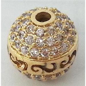 bracelet spacer, copper bead with zircon rhinestone, gold, 12mm dia [FDSTY1696]