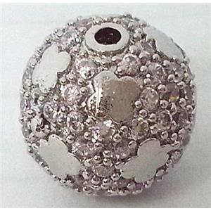 bracelet spacer, copper bead with zircon rhinestone, platinum plated, 12mm dia [FDSTY1698]