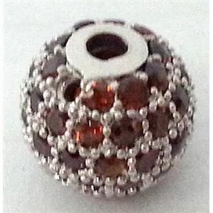 round copper bead with orange zircon rhinestone, platinum, 14mm dia [FDSTY1702-14MM]