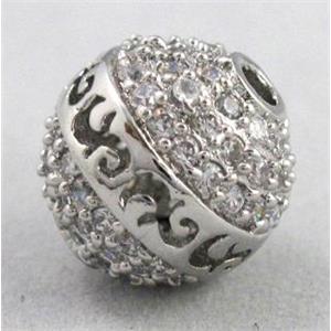 bracelet spacer, copper bead with zircon rhinestone, platinum plated, 12mm dia [FDSTY1710]