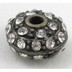 bracelet spacer, alloy bead with rhinestone, antique bronze, approx 12mm dia, 2mm hole [FDSTY1724]