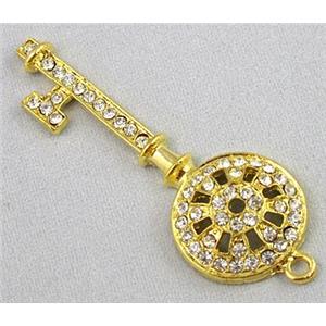 alloy pendant with rhinestone, key, gold, approx 18x51mm [FDSTY1727]