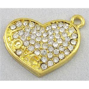 alloy pendant with rhinestone, heart, gold, approx 19x25mmm [FDSTY1729]