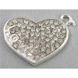 alloy pendant with rhinestone, heart, silver, approx 19x25mmm [FDSTY1730]