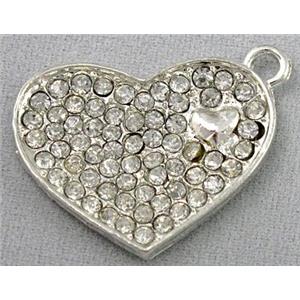 alloy pendant with rhinestone, heart, silver, approx 19x25mmm [FDSTY1731]
