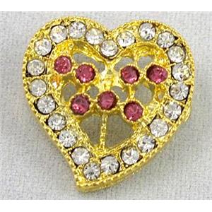 bracelet bar, alloy bead with rhinestone, heart, gold, approx 17x17mm [FDSTY1732]
