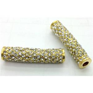 bracelet bar, alloy tube with Rhinestone, gold, approx 10x35mm, 4mm hole [FDSTY174]