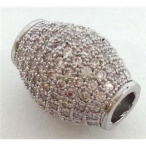 copper bead with zircon rhinestone, oval, platinum plated, approx 10x14mm [FDSTY1787]