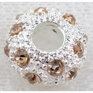 alloy bead with rhinestone, silver plated, 11-12mm dia, hole:5mm [FDSTY87SP-12MM]