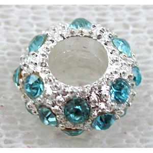 alloy bead with rhinestone, silver plated, 11-12mm dia, hole:5mm [FDSTY88SP-12MM]