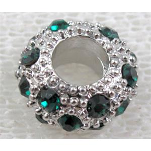 alloy bead with rhinestone, platinum plated, 10-11mm dia, hole:5mm [FDSTY91PP-10MM]
