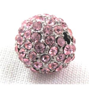 round alloy beads, paved pink rhinestone, platinum plated, 12mm dia, 2.6mm hole [FDSTY98-12MM]