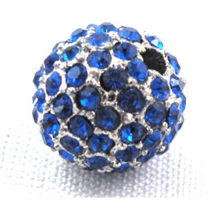 round beads, paved blue rhinestone, alloy, platinum plated, 10mm dia, 2.6mm hole [FDSTY99-10MM]